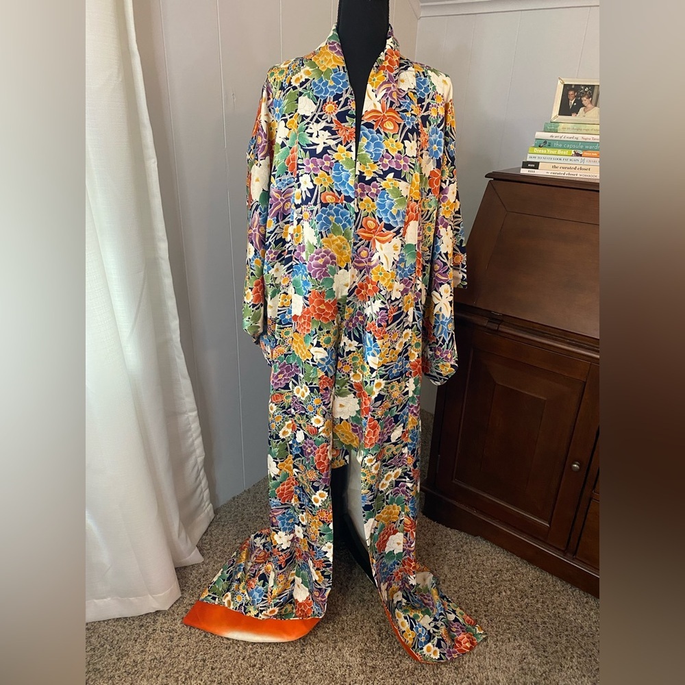 Vintage Authentic Japanese Kimono Multi-Colored Floral Print with Undergarments